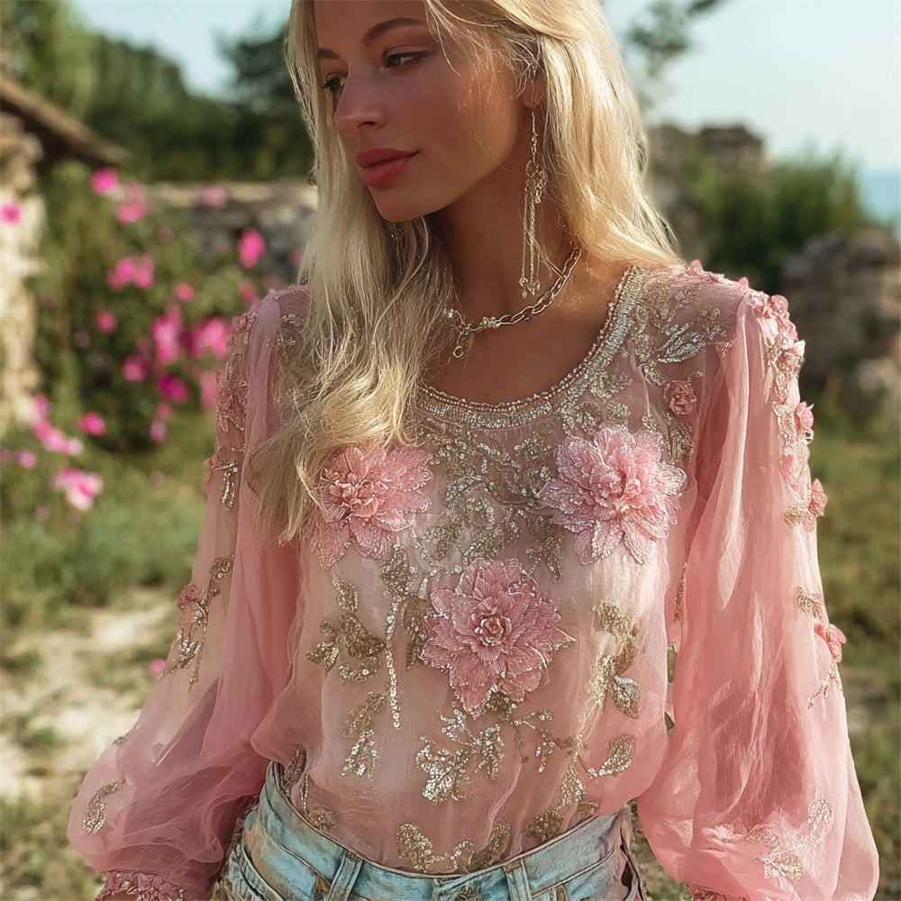 Comstylish Vintage Boho Floral Embroidery Women's Linen Long Sleeve Shirt