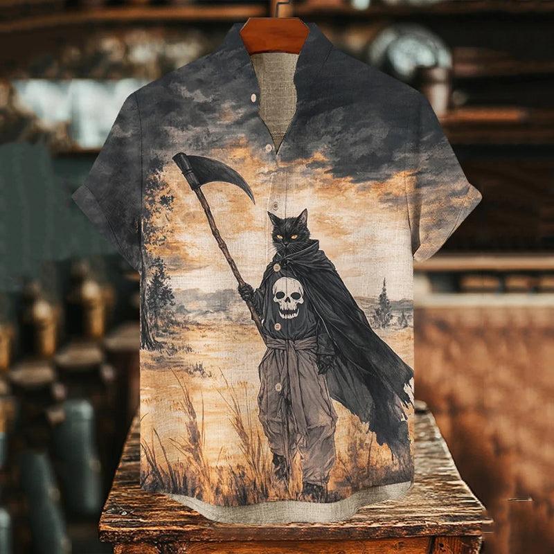 Men's Grim Reaper Black Cat Print Short Sleeve Shirt