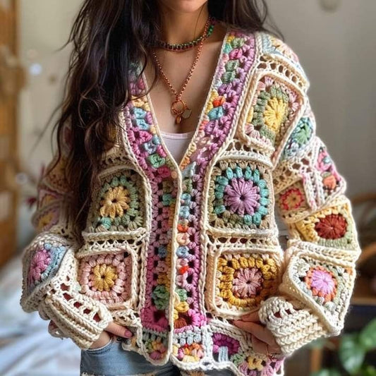 Classic Granny Check Knitted Crochet Floral Sweater Cardigan elevenforest