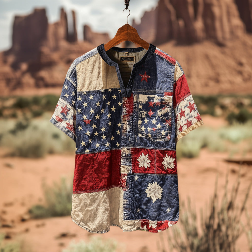 Men's Retro American Flag Independence Day Contrast Patchwork Pattern Art Linen Shirt artswardrobe