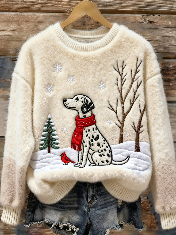 Comstylish Christmas Forest Spotted Dog Women's Cozy Plush Sweater