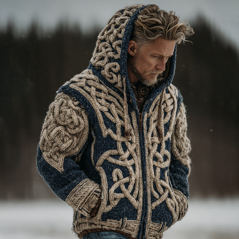 Men's Vintage Viking Celtic Knot Art Chunky Knit Hooded Zip-up Sweater artswardrobe