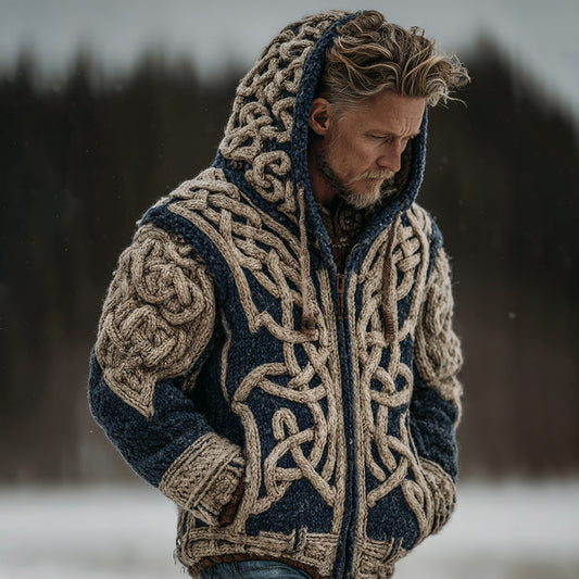 Men's Vintage Viking Celtic Knot Art Chunky Knit Hooded Zip-up Sweater artswardrobe
