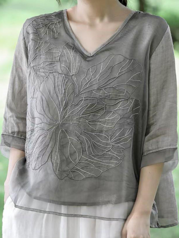 Comstylish Women's Floral Embroidery Linen Blend V-Neck Shirt