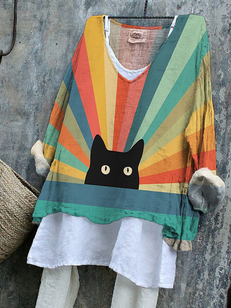 Rainbow Cat Print Linen V-Neck Blend Tunic elevenforest