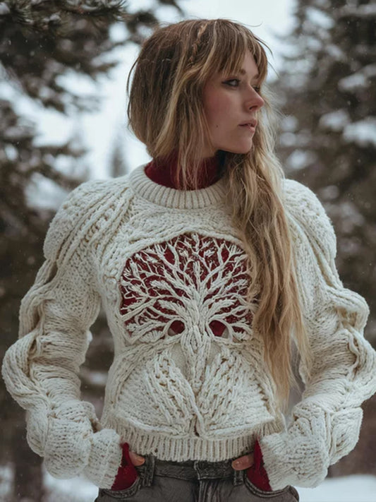 Women's Viking Style Hollow Knit Tree Of Life Round Neck Sweater artswardrobe