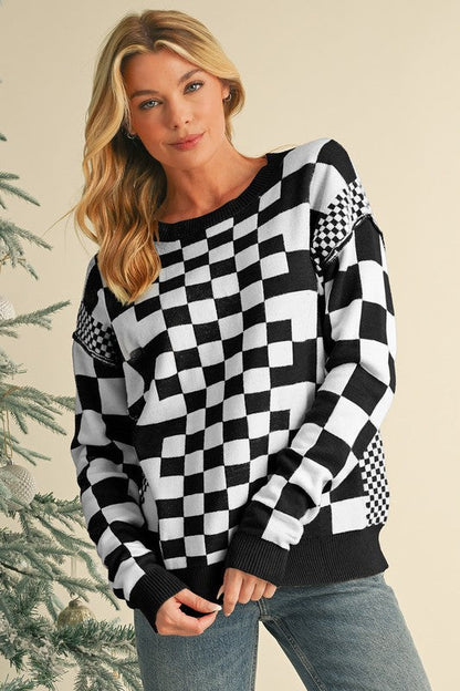 Milena® | Checked crew neck sweater with dropped shoulders