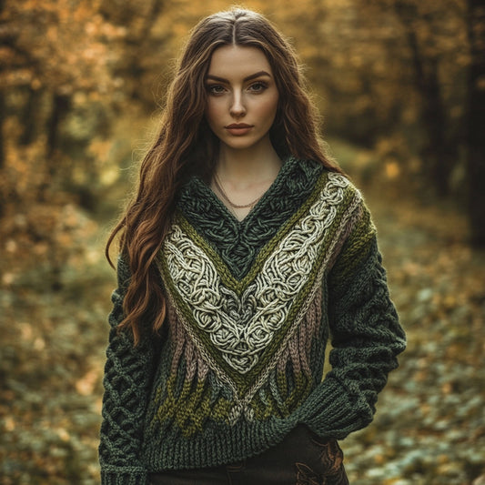 Women's Vintage Celtic Knot Jacquard Contrast V Neck Sweater elevenforest