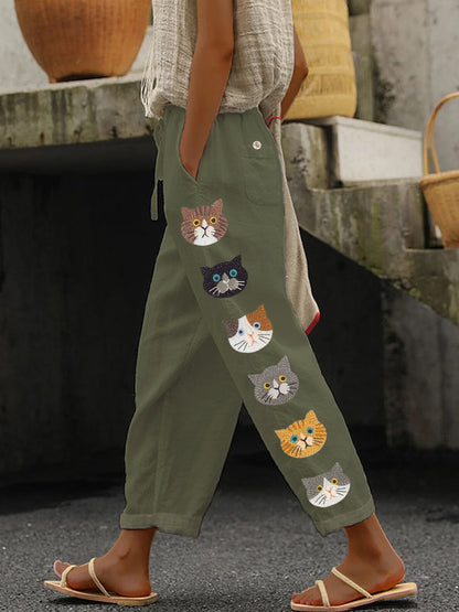 Cute Cats Animal Embroidery Pattern Linen Pants elevenforest