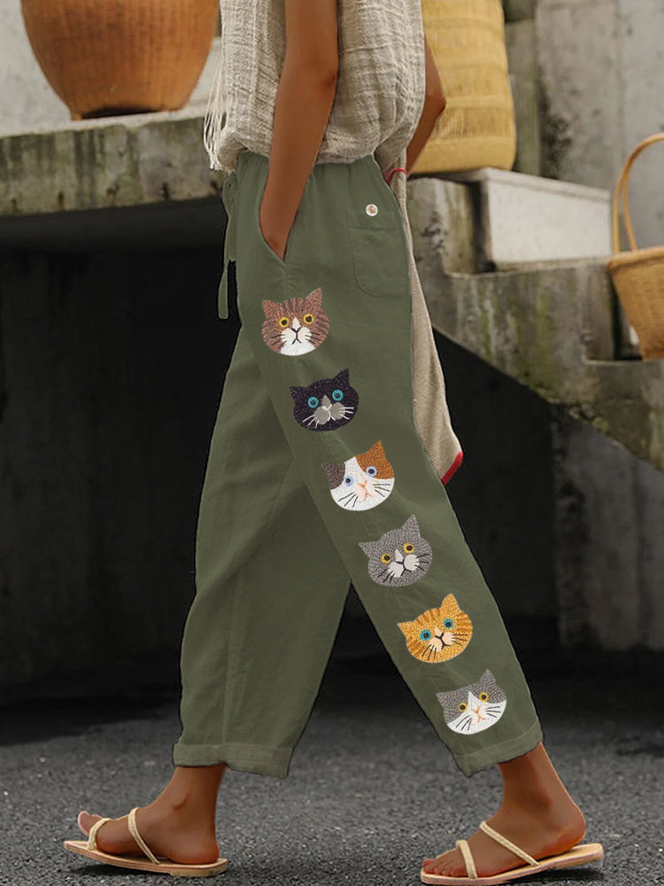 Cute Cats Animal Embroidery Pattern Linen Pants artswardrobe