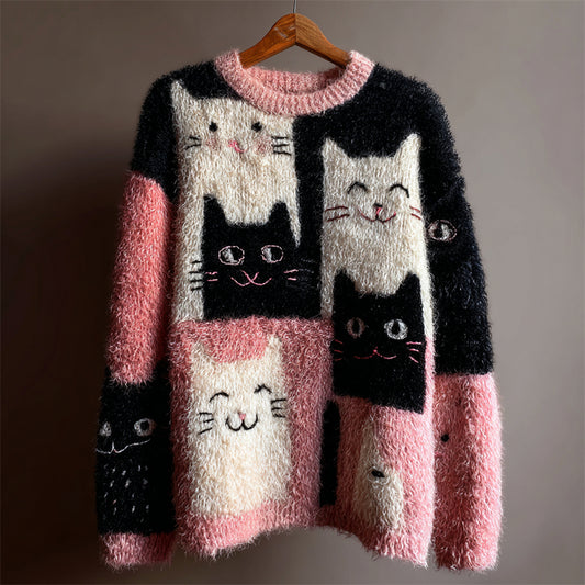 Lovely Cats Colorblock Fuzzy Cozy Knit Sweater elevenforest