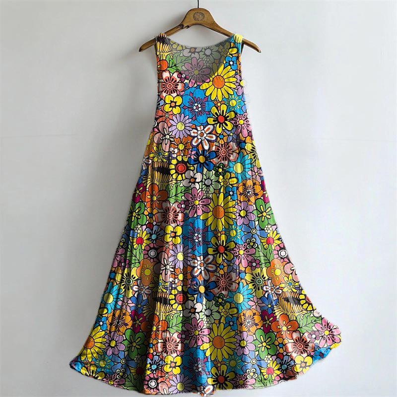 Women's Vintage Floral Art Print Crew Neck Sleeveless Cotton Pocket Dr