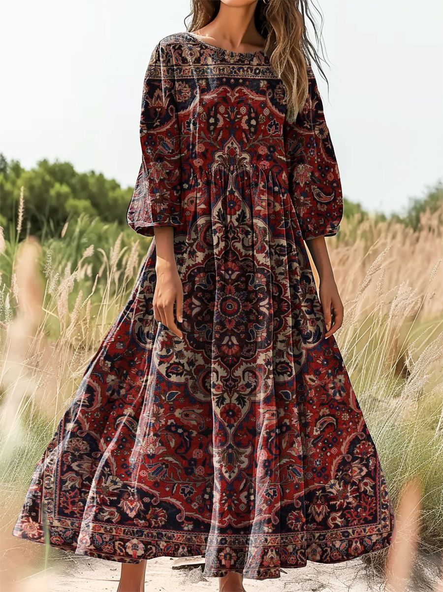 Women's Ethnic Tattoo Pattern Art Print Cotton Round Neck Dress