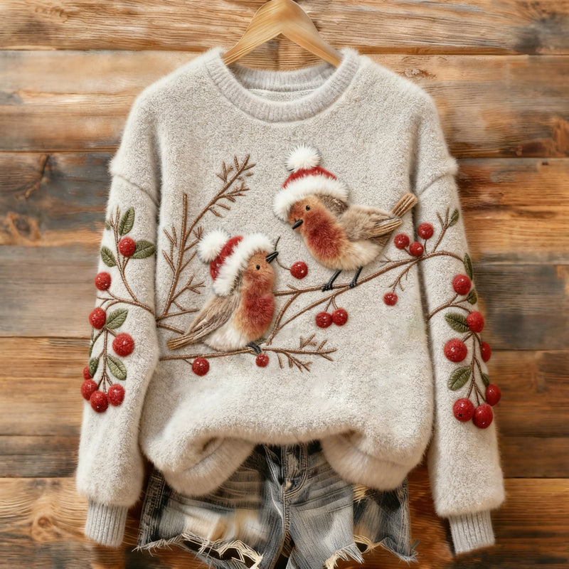 Maglione in cotone con pettirossi natalizi e rami di ciliegio
