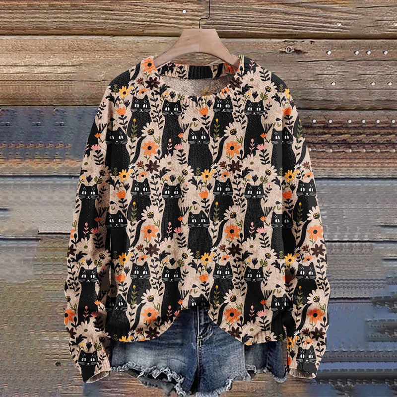 Halloween Black Cat Flower Art Print Knit Pullover Sweater artswardrobe