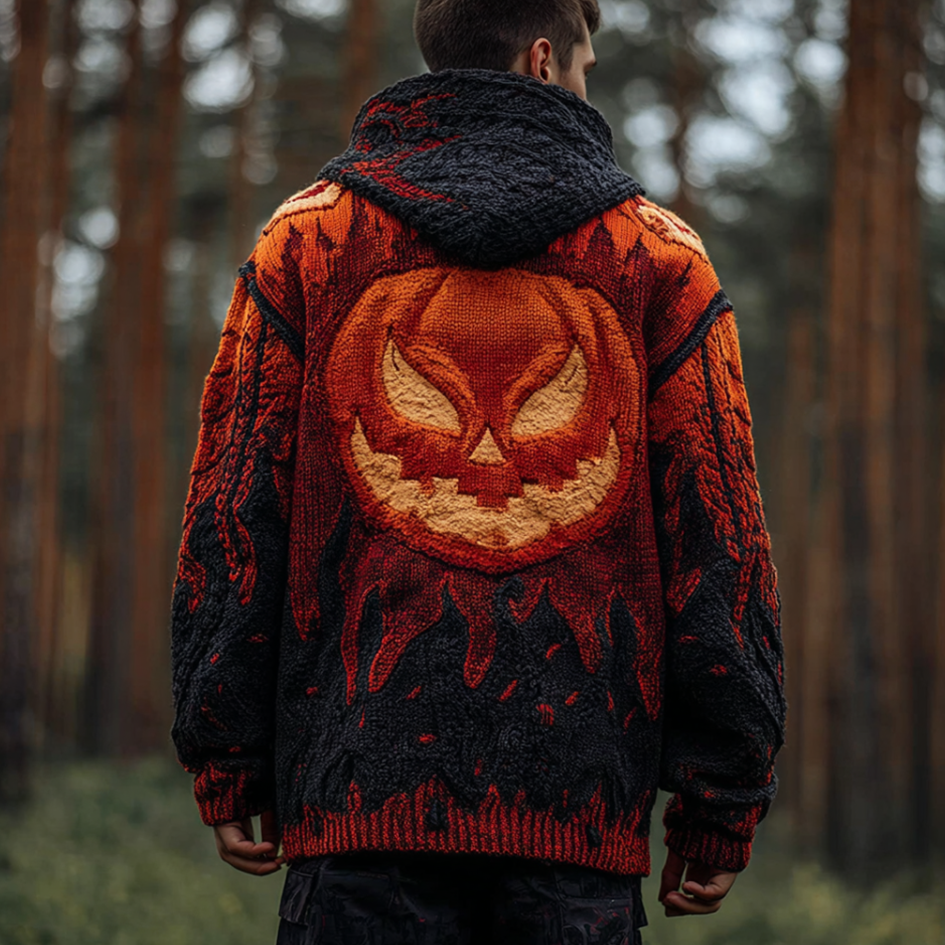 Halloween Pumpkin Element Gradient Color Men's Hooded Knit Sweater artswardrobe