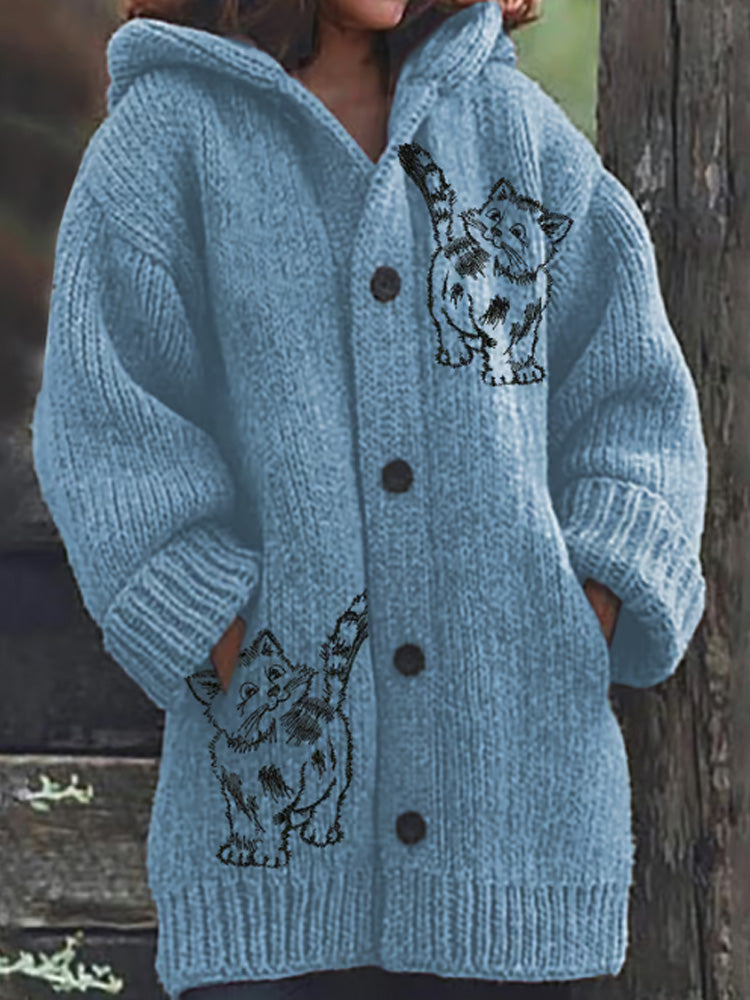 Comstylish Women's Retro Funny Animal Cat Print Cozy Knitted Hoodie Jacket