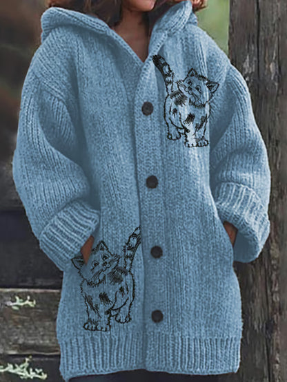 Comstylish Women's Retro Funny Animal Cat Print Cozy Knitted Hoodie Jacket