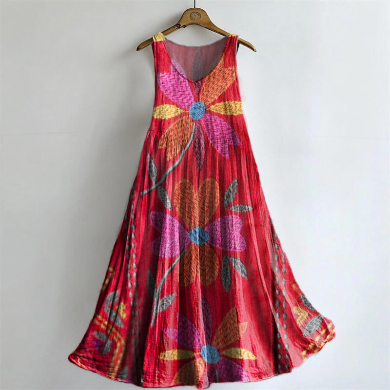 Women's Bohemian Floral Art Print Crew Neck Sleeveless Cotton Pocket D