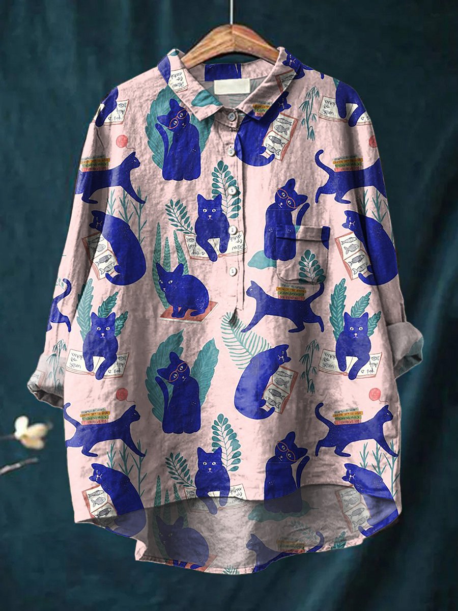 Lovely Cat Pattern Printed Women's Casual Cotton And Linen Shirt