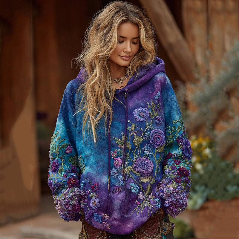 Women's Vintage Purple And Blue Lavender Patchwork And Floral Embroidered Art Gradient Comfort Hoodie artswardrobe