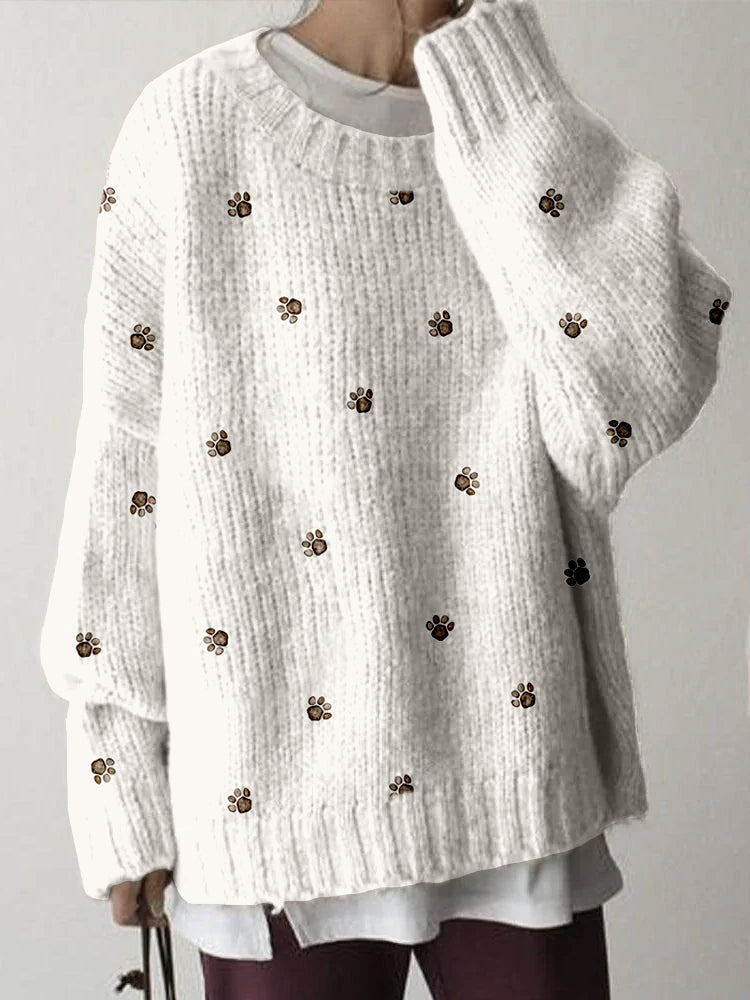 Comstylish Cute Dog Paws Pattern Cozy Knit Sweater