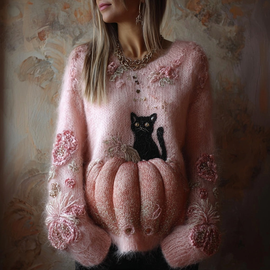 Classy Black Cat Pumpkin Embroidered Cozy Knit Sweater artswardrobe