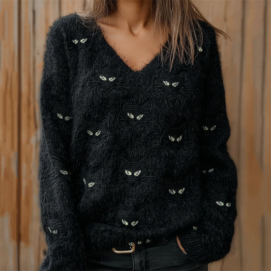 Black Cat Faces Embroidered Fuzzy Cozy Knit Sweater elevenforest