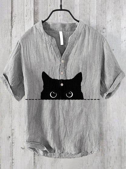 Japanese Art Black Cat Print Cotton Blend Shirt elevenforest