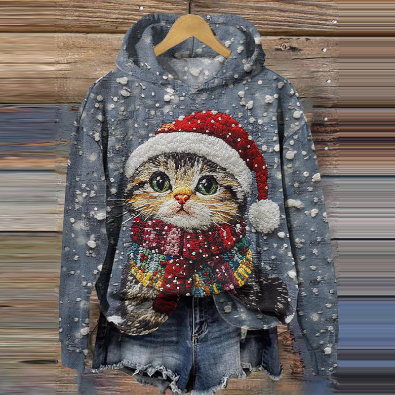 Christmas Cat Print Long Sleeve Casual Hoodie elevenforest