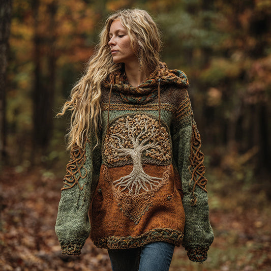 Vintage Tree Of Life Symbol Contrast Color Comfortable Chunky Hooded Sweater elevenforest