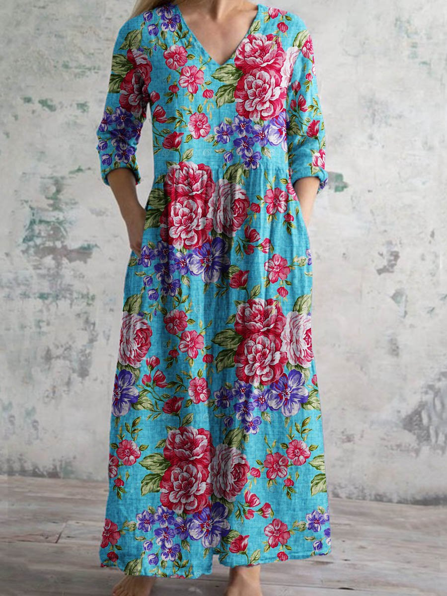Women's Vintage Floral Art Pattern Printed Casual Cotton Dress