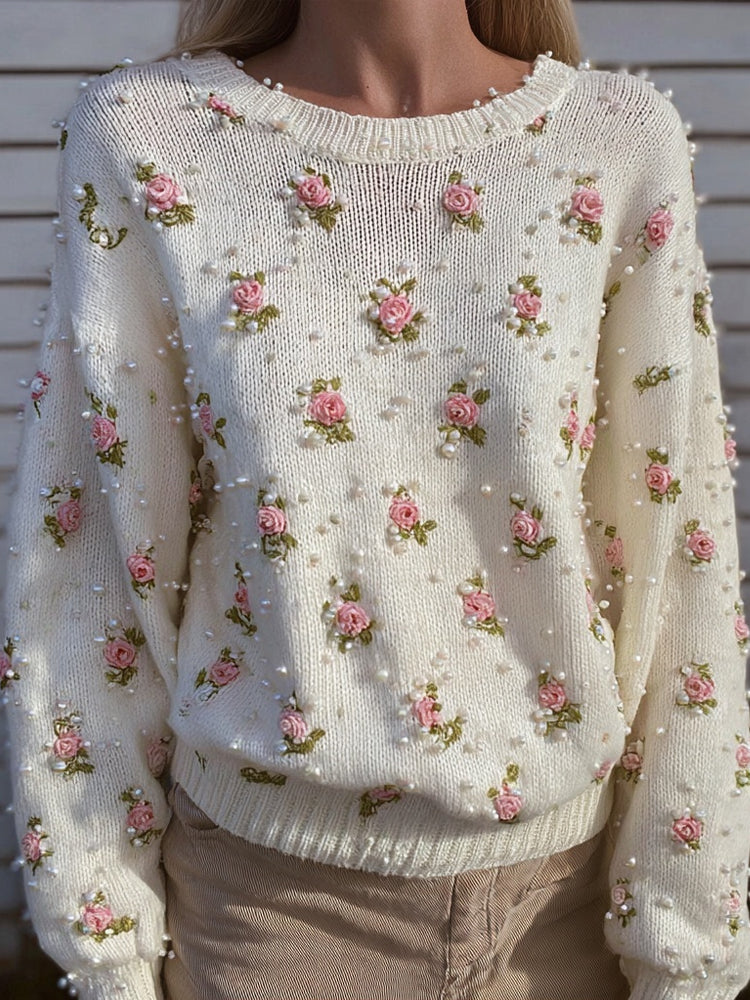 Vintage Pink Roses & Pearls Embroidered Cozy Knit Sweater artswardrobe