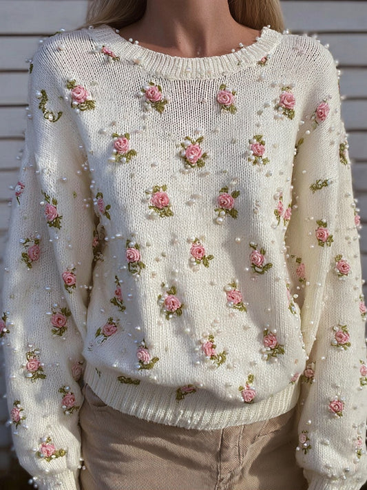 Vintage Pink Roses & Pearls Embroidered Cozy Knit Sweater artswardrobe