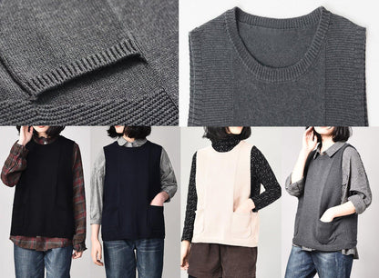 Cappotto-maglione nero estetico, taglia forte, top in maglia senza maniche, girocollo