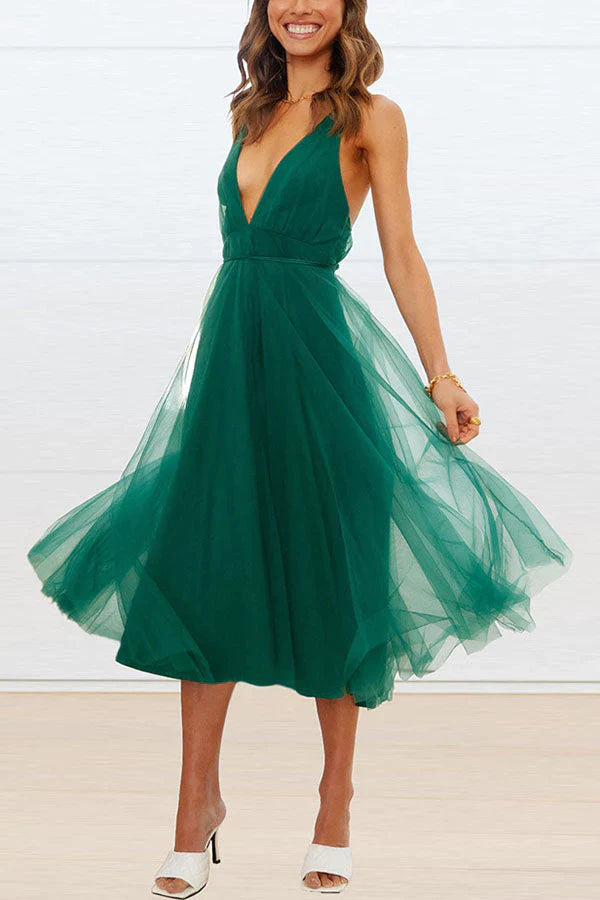 ER | Romantico abito midi in tulle con scollo a V
