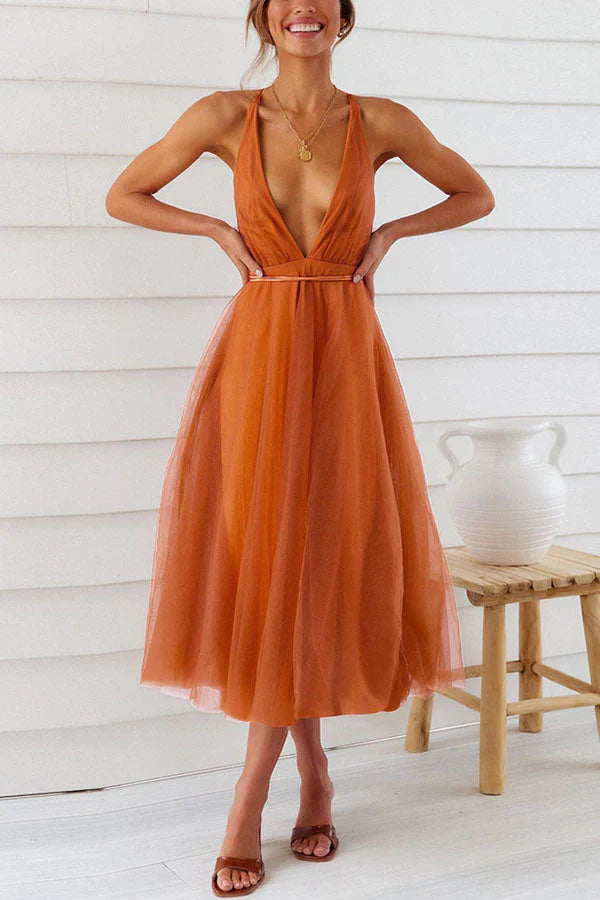 ER | Romantico abito midi in tulle con scollo a V