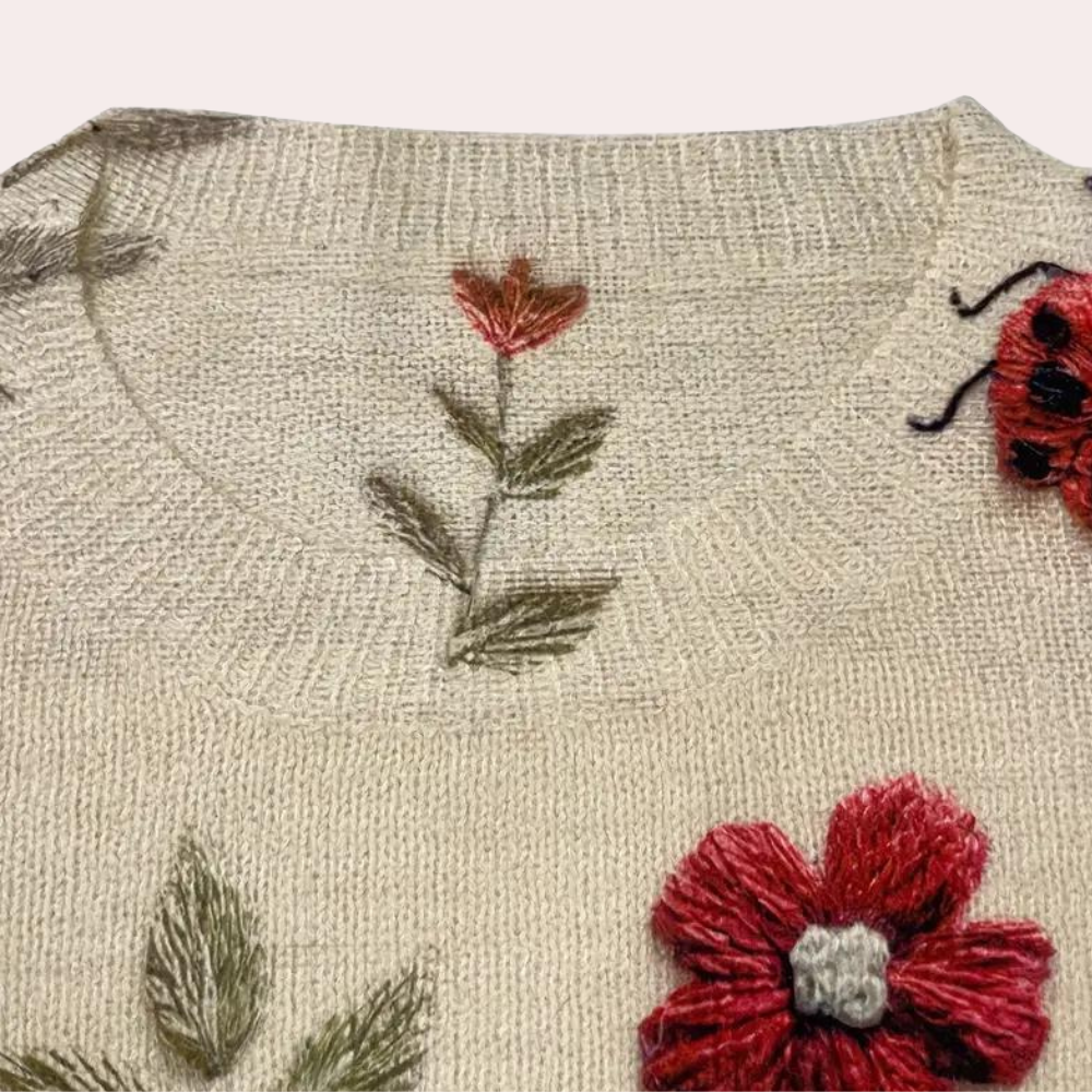 Maglione in cotone con insetti e fiori lavorati a maglia multicolori