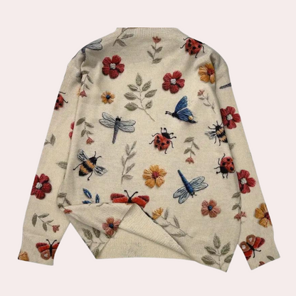 Maglione in cotone con insetti e fiori lavorati a maglia multicolori