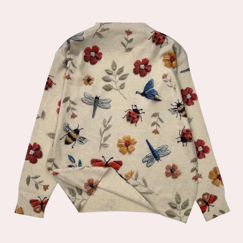 Maglione in cotone con insetti e fiori lavorati a maglia multicolori