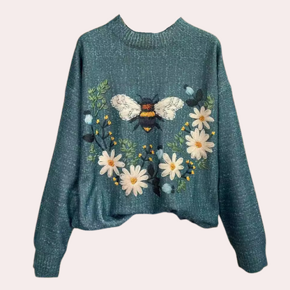 Maglione in cotone con insetti e fiori lavorati a maglia multicolori