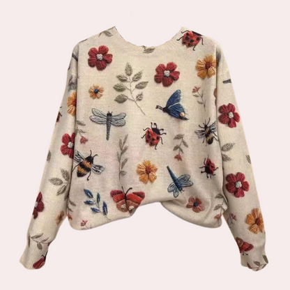 Maglione in cotone con insetti e fiori lavorati a maglia multicolori