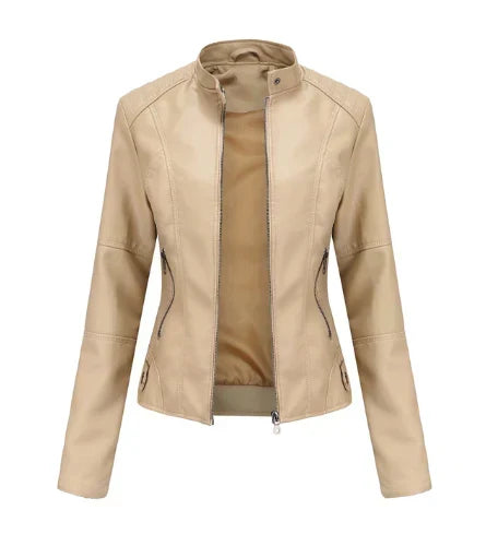 Giacca in pelle da donna con colletto alla coreana