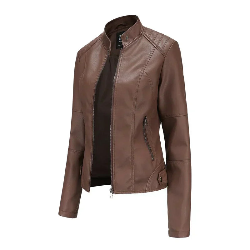 Giacca in pelle da donna con colletto alla coreana