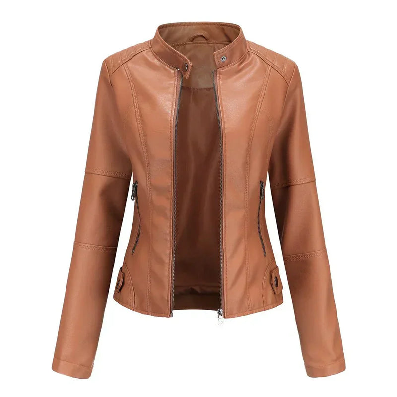 Giacca in pelle da donna con colletto alla coreana