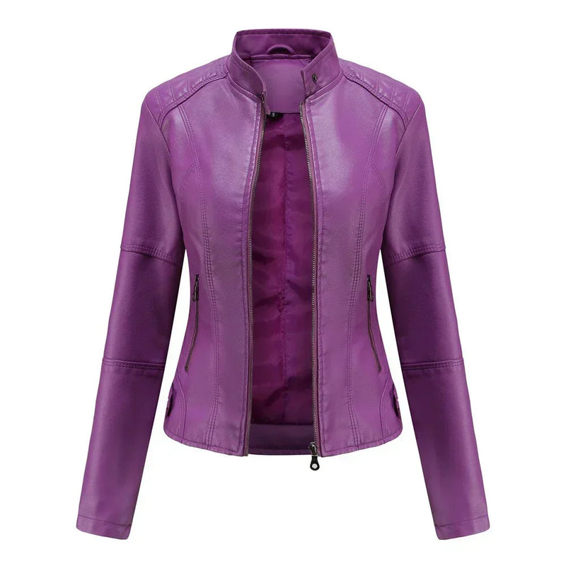 Giacca in pelle da donna con colletto alla coreana