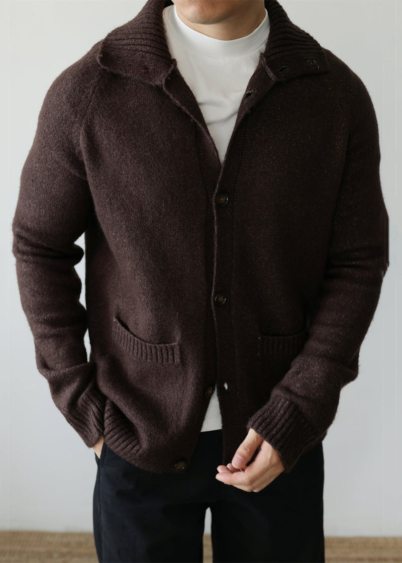 Cardigan in cotone comodo marrone caffè con tasche e colletto alla Peter Pan