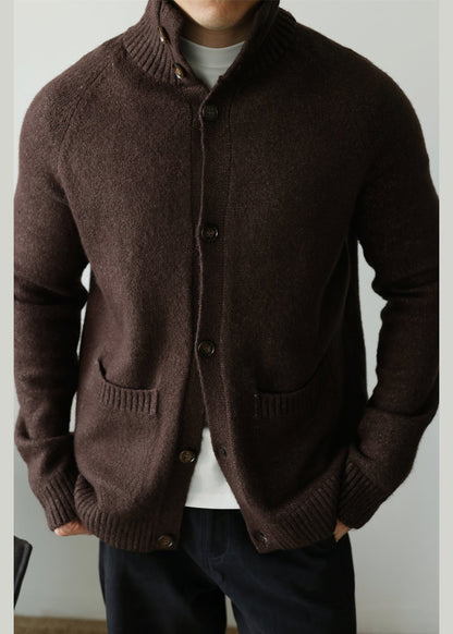 Cardigan in cotone comodo marrone caffè con tasche e colletto alla Peter Pan
