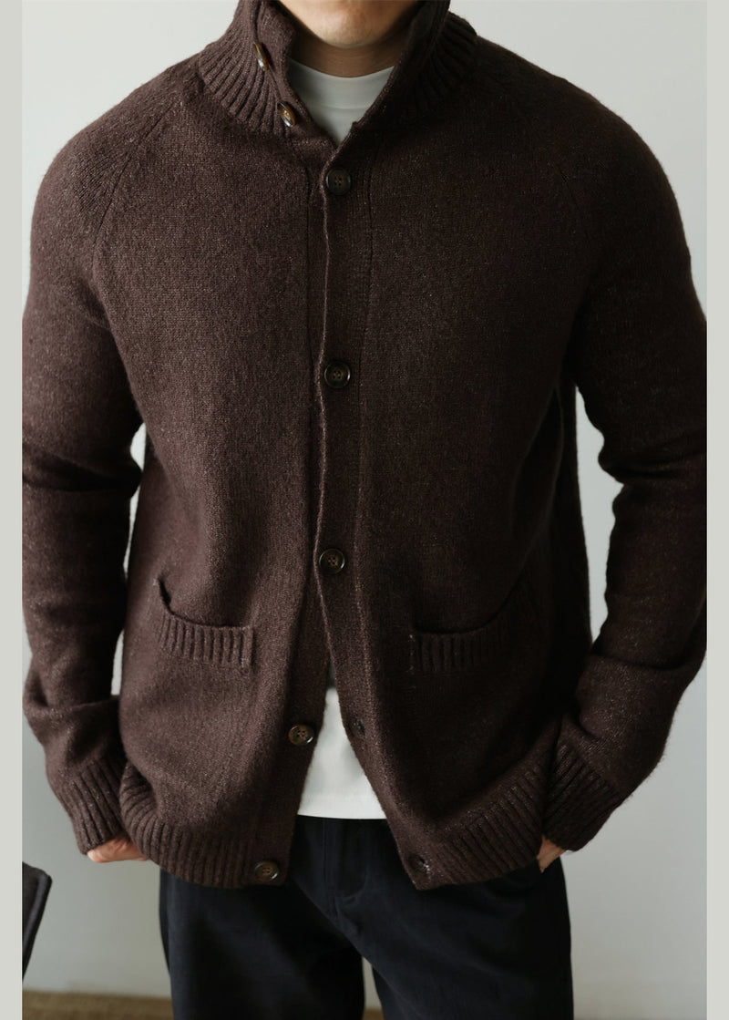 Cardigan in cotone comodo marrone caffè con tasche e colletto alla Peter Pan