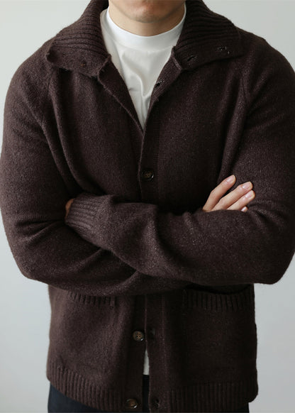 Cardigan in cotone comodo marrone caffè con tasche e colletto alla Peter Pan